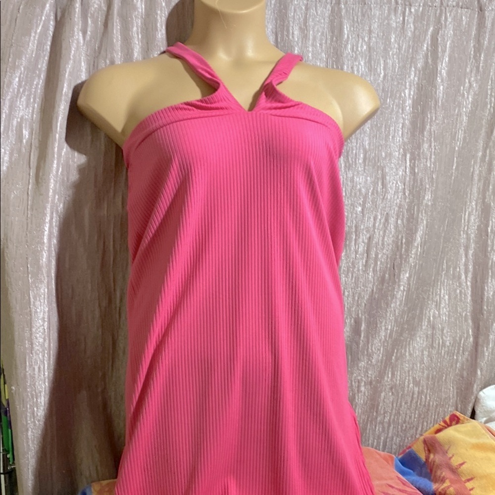 Future Collective Alani Noelle Dress M Pink Halter Neck Stretchy Side Slit